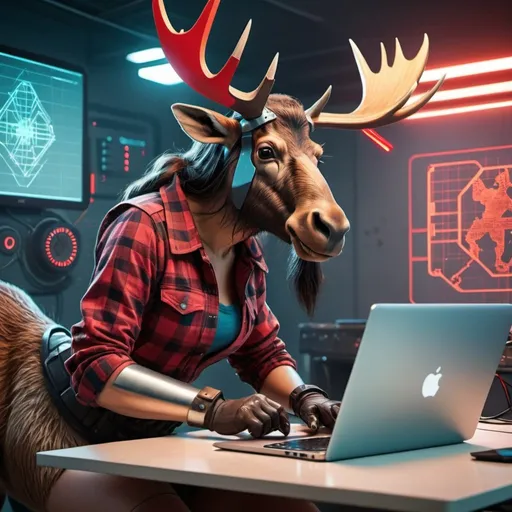 Prompt: create a canadian female moosetaur with a lumberjack axe in a retro futuristic style, coding on a laptop computer with some lasers in the background