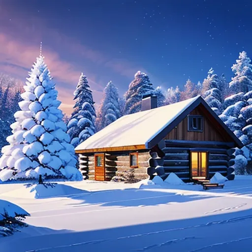 Prompt: Winter landscape, snow, log cabin, Christmas tree with snow on it, purplish/blue sky