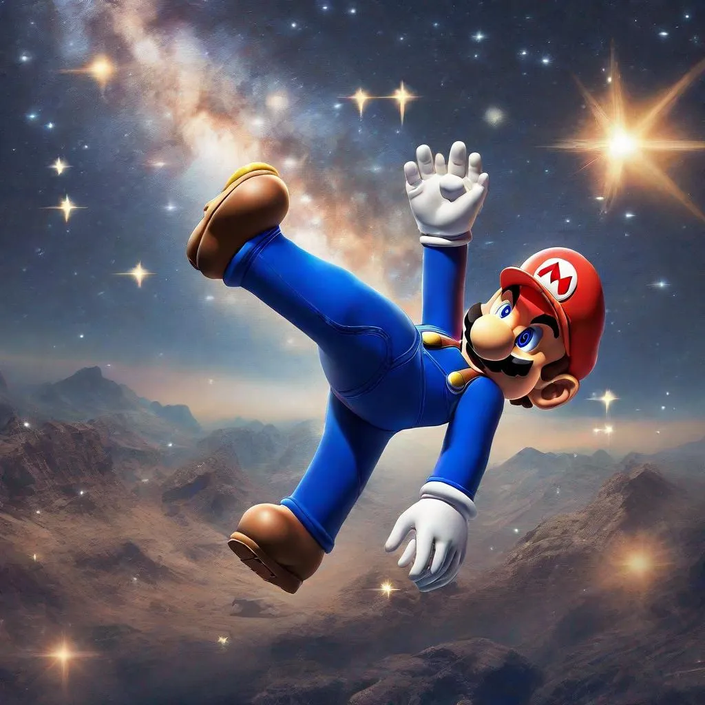 Prompt: mario reaching for the stars