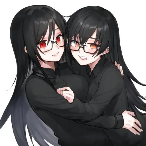 Prompt: Two blacked hair gamer girls with glasses, hugging
