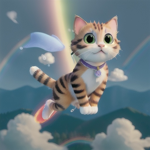 Prompt: A flying cat going around rainbows