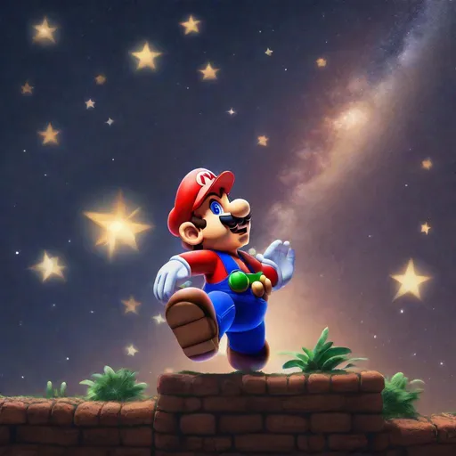Prompt: mario reaching for the stars