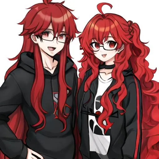 Prompt: Gamer boy with long curly brown hair and gamer girl with long red hair and glasses