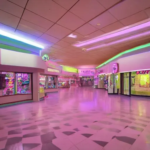 Prompt: 80's asthetic, vibrant mall with pastel colours, liminal