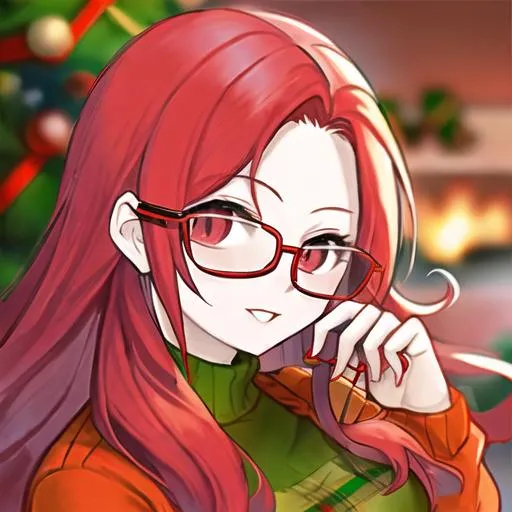 Prompt: Gamer girl with long red hair and glasses, Christmas