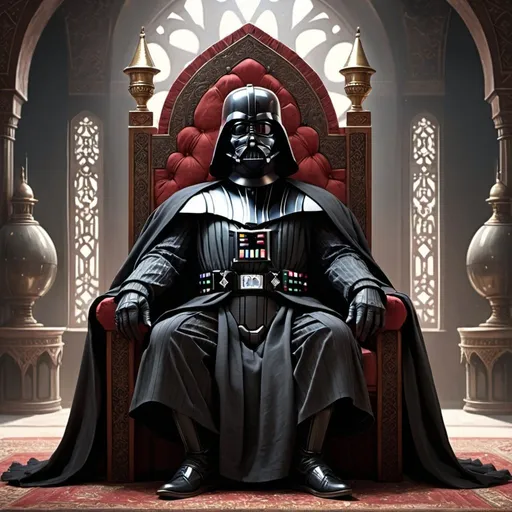 Prompt: darth vader as ottoman sultan, ottoman garments, ottoman diwan setting, sitting on throne, medieval, sith viziers, concept art, 2d art

