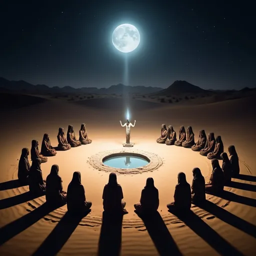 Prompt: a mysterious desert water cult, worshipping in a circle to a diety at night 