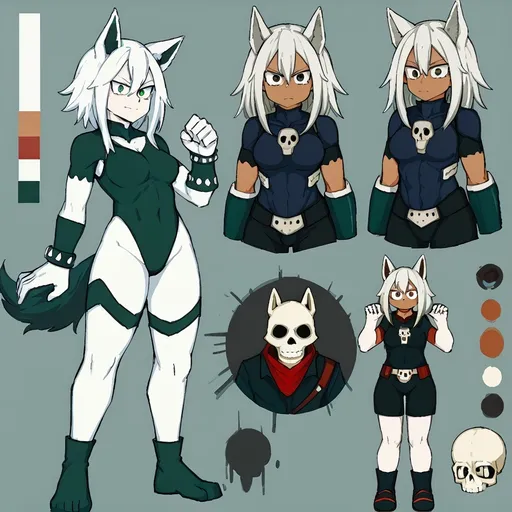 Prompt: My Hero Academia student, hero costume, bone weapons, bone armor, canine bones, heteromorphic, white hair, slightly tanned skin, character sheet, reference sheet, tall, lean, muscled, wolf ears, wolf legs, canine skull mask, female, full body