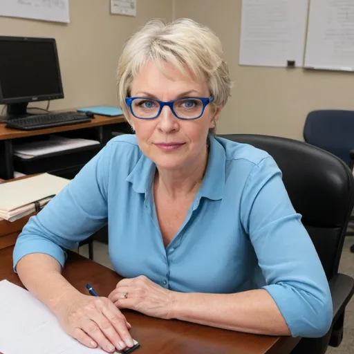 Prompt: A average weight white mature female with short blonde hair and blue eyes
wearing blue glasses sitting at a desk