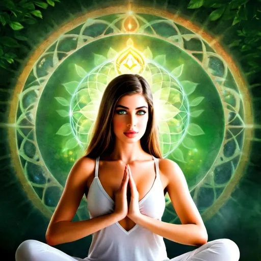 Prompt: (chakra strengthening), girl meditating, serene expression, floating energy patterns around her heart, ethereal atmosphere, soft warm light, tranquil background of lush greenery, detailed facial features, peaceful ambiance, harmonious energy flow, ultra-detailed, high quality image, vibrant colors, focus on emotional connection, Zen aesthetic.
