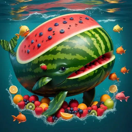 Prompt: a whale shaped watermelon swimming in a sea with fruits as fishes