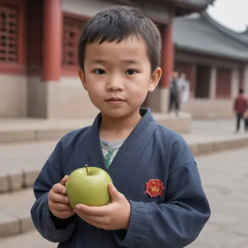 Prompt: Generate a picture of a little boy in China, with short hair and an apple in his hand.