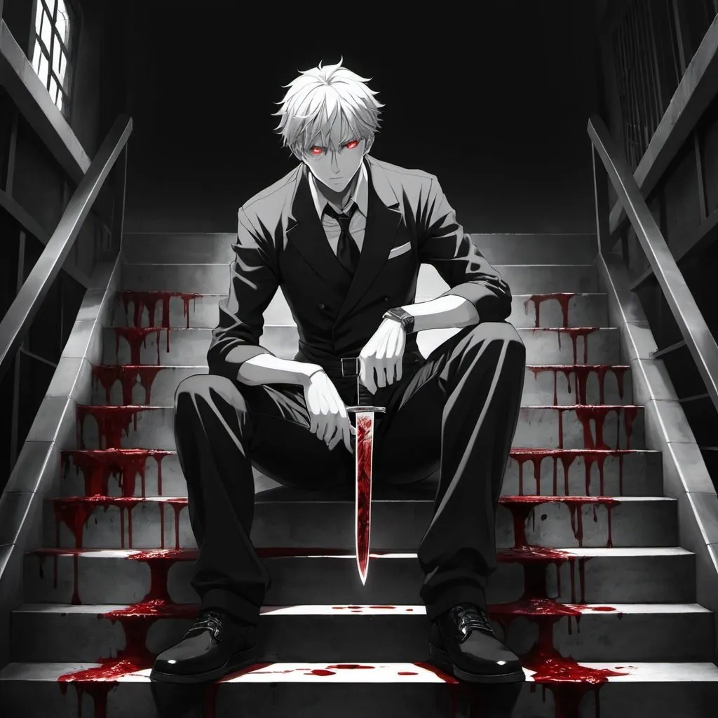 Prompt: mastermind, anime, mature man, glowing eyes, blood, stairs, knife, black and white outfit