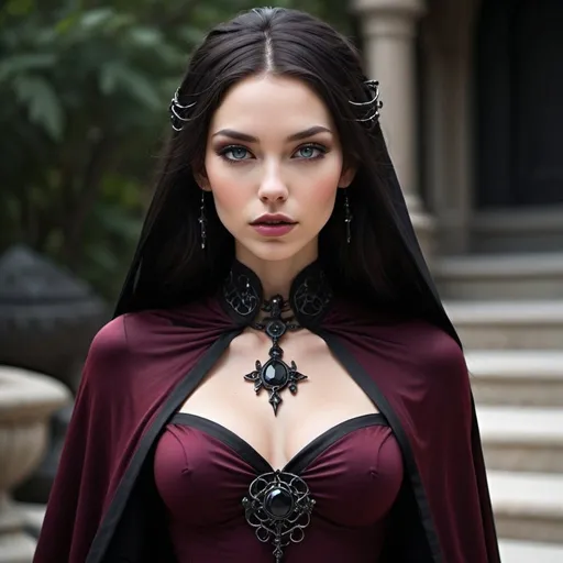 Prompt: - **Height:** 6 feet (183 cm)
- **Build:** Tall and statuesque, with a commanding presence.
- **Hair:** Long, jet-black, cascading down her back like a waterfall of shadows.
- **Eyes:** Glowing with a dark, flame-like intensity, shifting between deep purple and crimson.
- **Skin:** Pale with an almost ethereal sheen, contrasting starkly with her dark attire.
- **Attire:** Clad in an intricate, high-collared black gown adorned with arcane symbols and obsidian gemstones that seem to absorb light. Her cape flows like liquid shadow, and her fingers are tipped with sharp, black nails.
