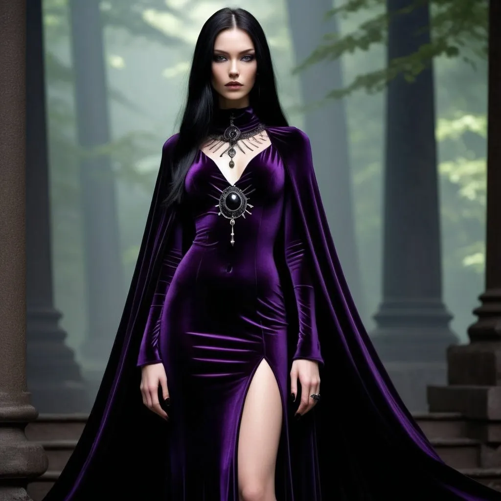 Prompt: - **Height:** 6 feet (183 cm)
- **Build:** Tall and statuesque, with a commanding presence.
- **Hair:** Long, jet-black, cascading down her back like a waterfall of shadows.
- **Eyes:** Glowing with a dark, flame-like intensity, shifting between deep purple and crimson.
- **Skin:** Pale with an almost ethereal sheen, contrasting starkly with her dark attire.
- **Attire:** Clad in an intricate, high-collared black gown adorned with arcane symbols and obsidian gemstones that seem to absorb light. Her cape flows like liquid shadow, and her fingers are tipped with sharp, black nails.