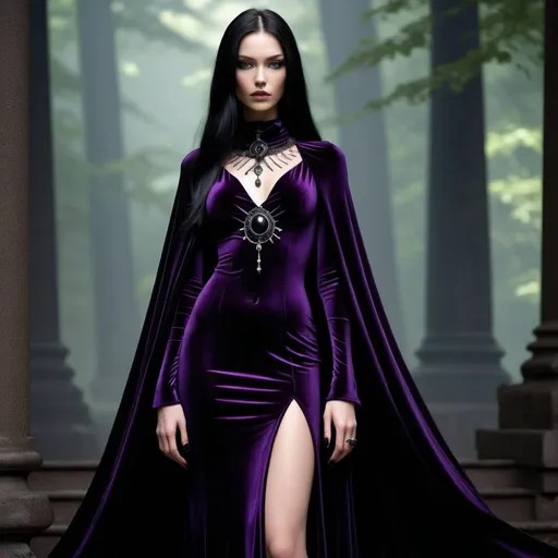 Prompt: - **Height:** 6 feet (183 cm)
- **Build:** Tall and statuesque, with a commanding presence.
- **Hair:** Long, jet-black, cascading down her back like a waterfall of shadows.
- **Eyes:** Glowing with a dark, flame-like intensity, shifting between deep purple and crimson.
- **Skin:** Pale with an almost ethereal sheen, contrasting starkly with her dark attire.
- **Attire:** Clad in an intricate, high-collared black gown adorned with arcane symbols and obsidian gemstones that seem to absorb light. Her cape flows like liquid shadow, and her fingers are tipped with sharp, black nails.