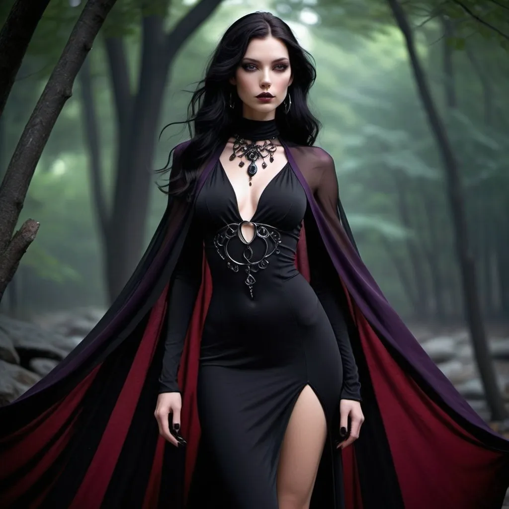 Prompt: - **Height:** 6 feet (183 cm)
- **Build:** Tall and statuesque, with a commanding presence.
- **Hair:** Long, jet-black, cascading down her back like a waterfall of shadows.
- **Eyes:** Glowing with a dark, flame-like intensity, shifting between deep purple and crimson.
- **Skin:** Pale with an almost ethereal sheen, contrasting starkly with her dark attire.
- **Attire:** Clad in an intricate, high-collared black gown adorned with arcane symbols and obsidian gemstones that seem to absorb light. Her cape flows like liquid shadow, and her fingers are tipped with sharp, black nails.