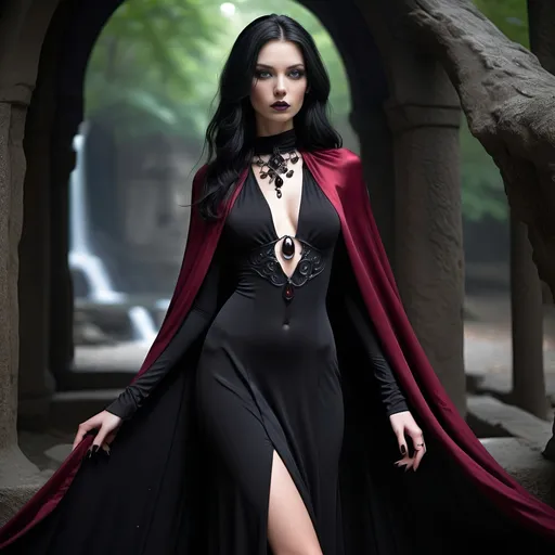 Prompt: - **Height:** 6 feet (183 cm)
- **Build:** Tall and statuesque, with a commanding presence.
- **Hair:** Long, jet-black, cascading down her back like a waterfall of shadows.
- **Eyes:** Glowing with a dark, flame-like intensity, shifting between deep purple and crimson.
- **Skin:** Pale with an almost ethereal sheen, contrasting starkly with her dark attire.
- **Attire:** Clad in an intricate, high-collared black gown adorned with arcane symbols and obsidian gemstones that seem to absorb light. Her cape flows like liquid shadow, and her fingers are tipped with sharp, black nails.