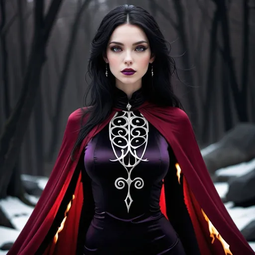 Prompt: - **Height:** 6 feet (183 cm)
- **Build:** Tall and statuesque, with a commanding presence.
- **Hair:** Long, jet-black, cascading down her back like a waterfall of shadows.
- **Eyes:** Glowing with a dark, flame-like intensity, shifting between deep purple and crimson.
- **Skin:** Pale with an almost ethereal sheen, contrasting starkly with her dark attire.
- **Attire:** Clad in an intricate, high-collared black gown adorned with arcane symbols and obsidian gemstones that seem to absorb light. Her cape flows like liquid shadow, and her fingers are tipped with sharp, black nails.