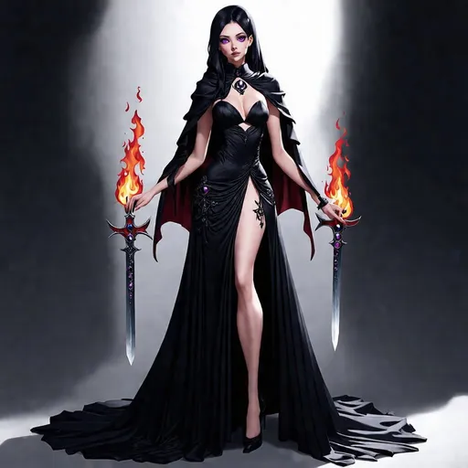 Prompt: - **Height:** 6 feet (183 cm)
- **Build:** Tall and statuesque, with a commanding presence.
- **Hair:** Long, jet-black, cascading down her back like a waterfall of shadows.
- **Eyes:** Glowing with a dark, flame-like intensity, shifting between deep purple and crimson.
- **Skin:** Pale with an almost ethereal sheen, contrasting starkly with her dark attire.
- **Attire:** Clad in an intricate, high-collared black gown adorned with arcane symbols and obsidian gemstones that seem to absorb light. Her cape flows like liquid shadow, and her fingers are tipped with sharp, black nails.