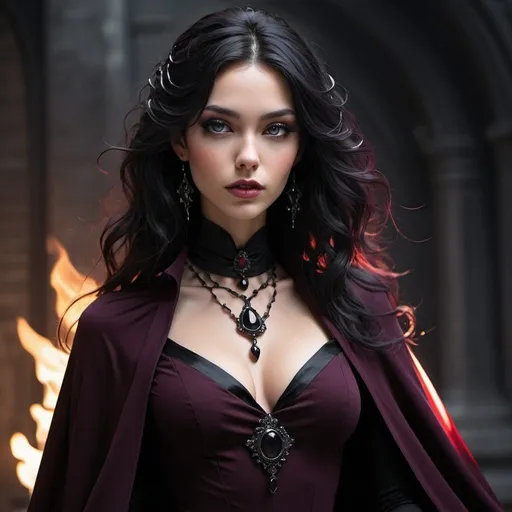 Prompt: - **Height:** 6 feet (183 cm)
- **Build:** Tall and statuesque, with a commanding presence.
- **Hair:** Long, jet-black, cascading down her back like a waterfall of shadows.
- **Eyes:** Glowing with a dark, flame-like intensity, shifting between deep purple and crimson.
- **Skin:** Pale with an almost ethereal sheen, contrasting starkly with her dark attire.
- **Attire:** Clad in an intricate, high-collared black gown adorned with arcane symbols and obsidian gemstones that seem to absorb light. Her cape flows like liquid shadow, and her fingers are tipped with sharp, black nails.
