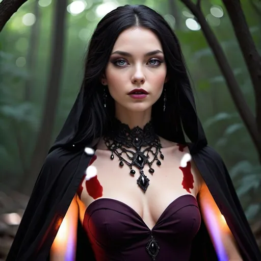 Prompt: - **Height:** 6 feet (183 cm)
- **Build:** Tall and statuesque, with a commanding presence.
- **Hair:** Long, jet-black, cascading down her back like a waterfall of shadows.
- **Eyes:** Glowing with a dark, flame-like intensity, shifting between deep purple and crimson.
- **Skin:** Pale with an almost ethereal sheen, contrasting starkly with her dark attire.
- **Attire:** Clad in an intricate, high-collared black gown adorned with arcane symbols and obsidian gemstones that seem to absorb light. Her cape flows like liquid shadow, and her fingers are tipped with sharp, black nails.