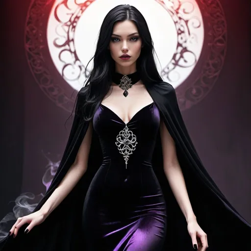 Prompt: - **Height:** 6 feet (183 cm)
- **Build:** Tall and statuesque, with a commanding presence.
- **Hair:** Long, jet-black, cascading down her back like a waterfall of shadows.
- **Eyes:** Glowing with a dark, flame-like intensity, shifting between deep purple and crimson.
- **Skin:** Pale with an almost ethereal sheen, contrasting starkly with her dark attire.
- **Attire:** Clad in an intricate, high-collared black gown adorned with arcane symbols and obsidian gemstones that seem to absorb light. Her cape flows like liquid shadow, and her fingers are tipped with sharp, black nails.