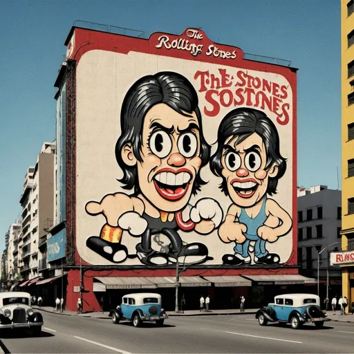 Prompt: 1930s rubberhose style illustration of a giant billboard placed on buenos aires downtown with the legend "THE ROLLING STONES IN ARGENTINA" ON IT.