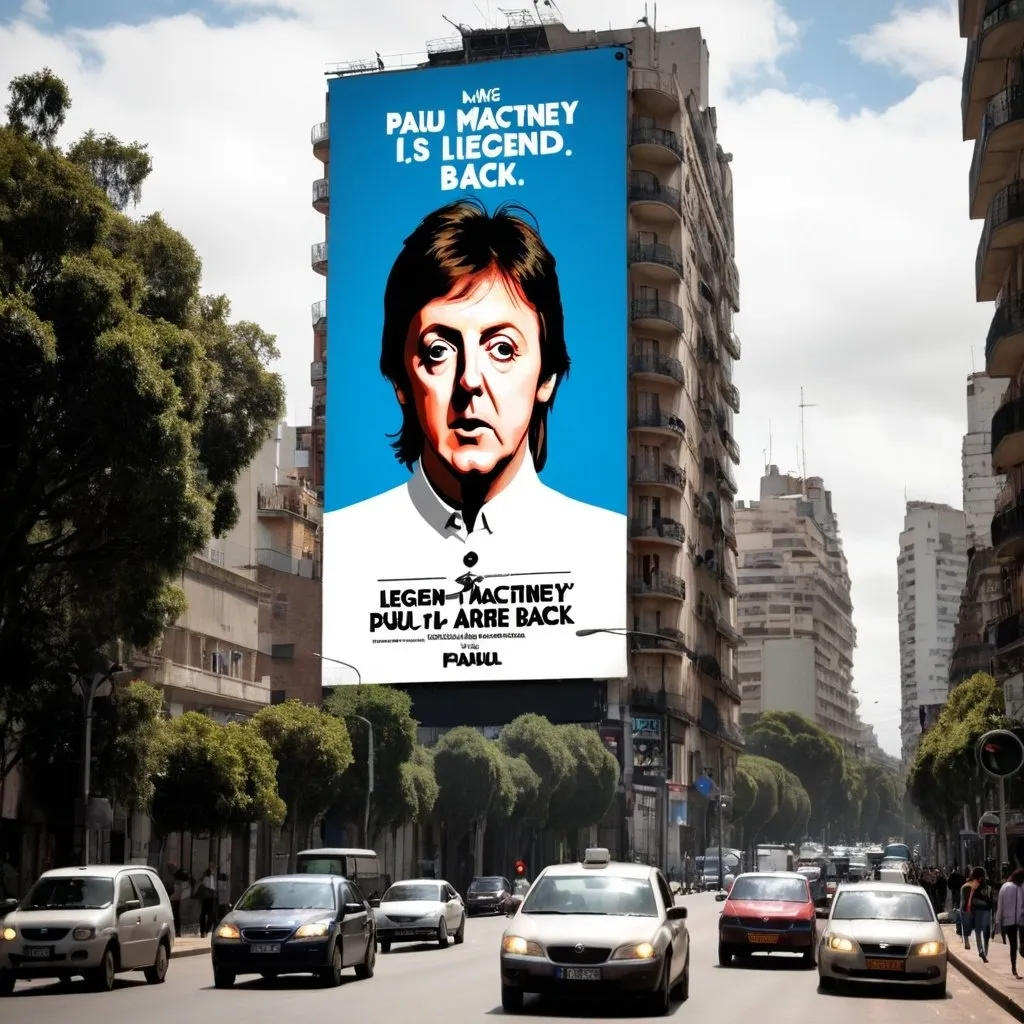 Prompt: a giant billboard placed on buenos aires downtown with the legend "PAUL MCCARTNEY IS BACK" ON IT.