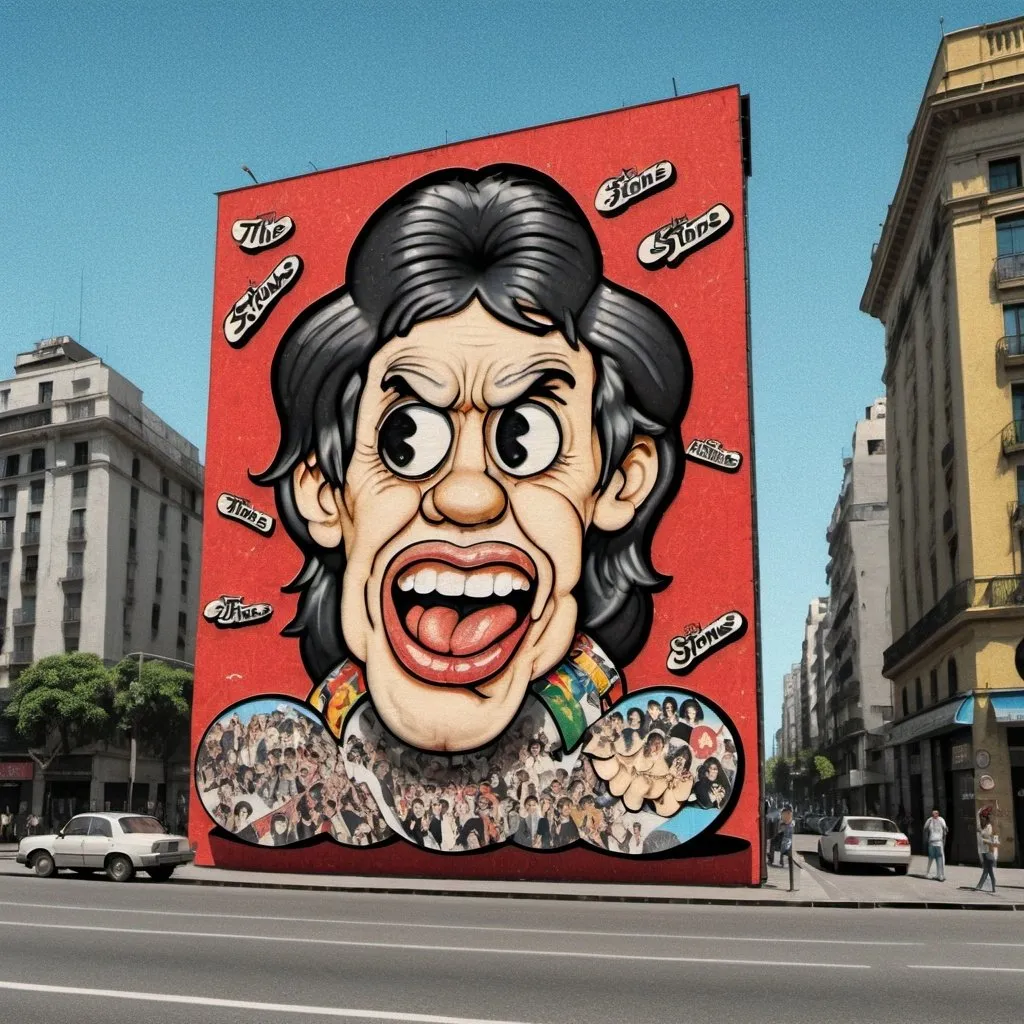 Prompt: a giant billboard placed on buenos aires downtown with the legend "THE ROLLING STONES IN ARGENTINA" ON IT.