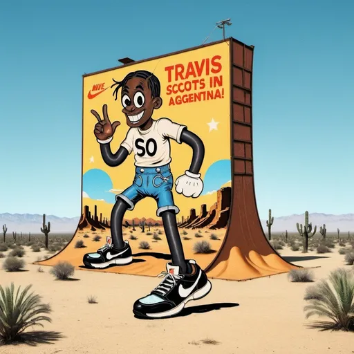 Prompt: 1930s rubberhose style illustration of a giant billboard placed in the middle of the desert with the legend "TRAVIS SCOTT back in argentina" ON IT for promotion of his new tour. (TRAVIS IS with nike sneakers on)
