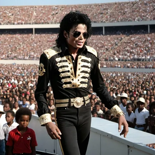 Prompt: Michael Jackson on a stage during a show on river pate stadium general camera shot (you can see the crowd)