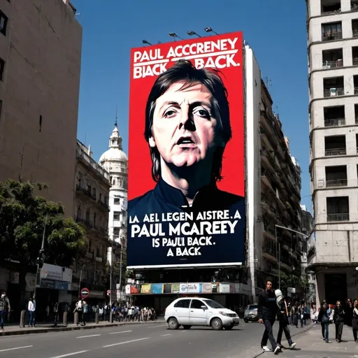 Prompt: a giant billboard placed on buenos aires downtown with the legend "PAUL MCCARTNEY IS BACK" ON IT.