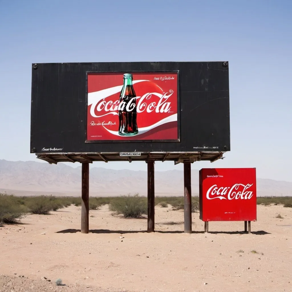 Prompt: a billboard in the middle of the desert with a coke ad on it