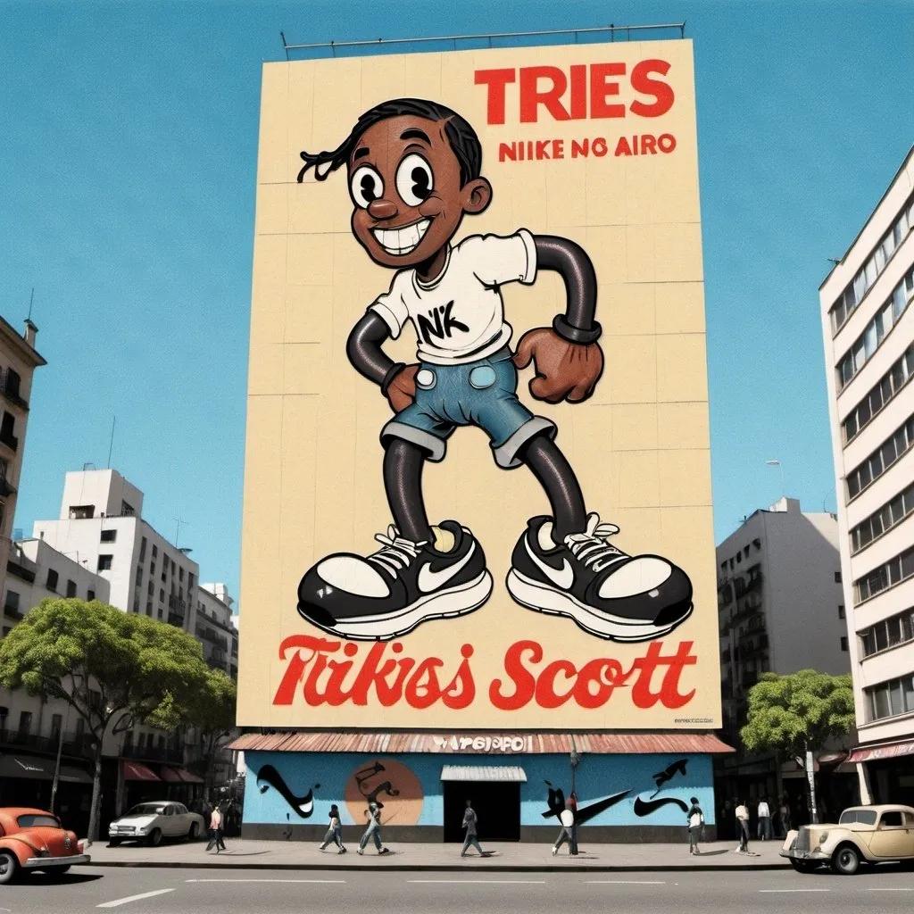 Prompt: 1930s rubberhose style illustration of a giant billboard placed on buenos aires downtown with the legend "Travis Scott (with nike sneakers on) back in argentina" ON IT.