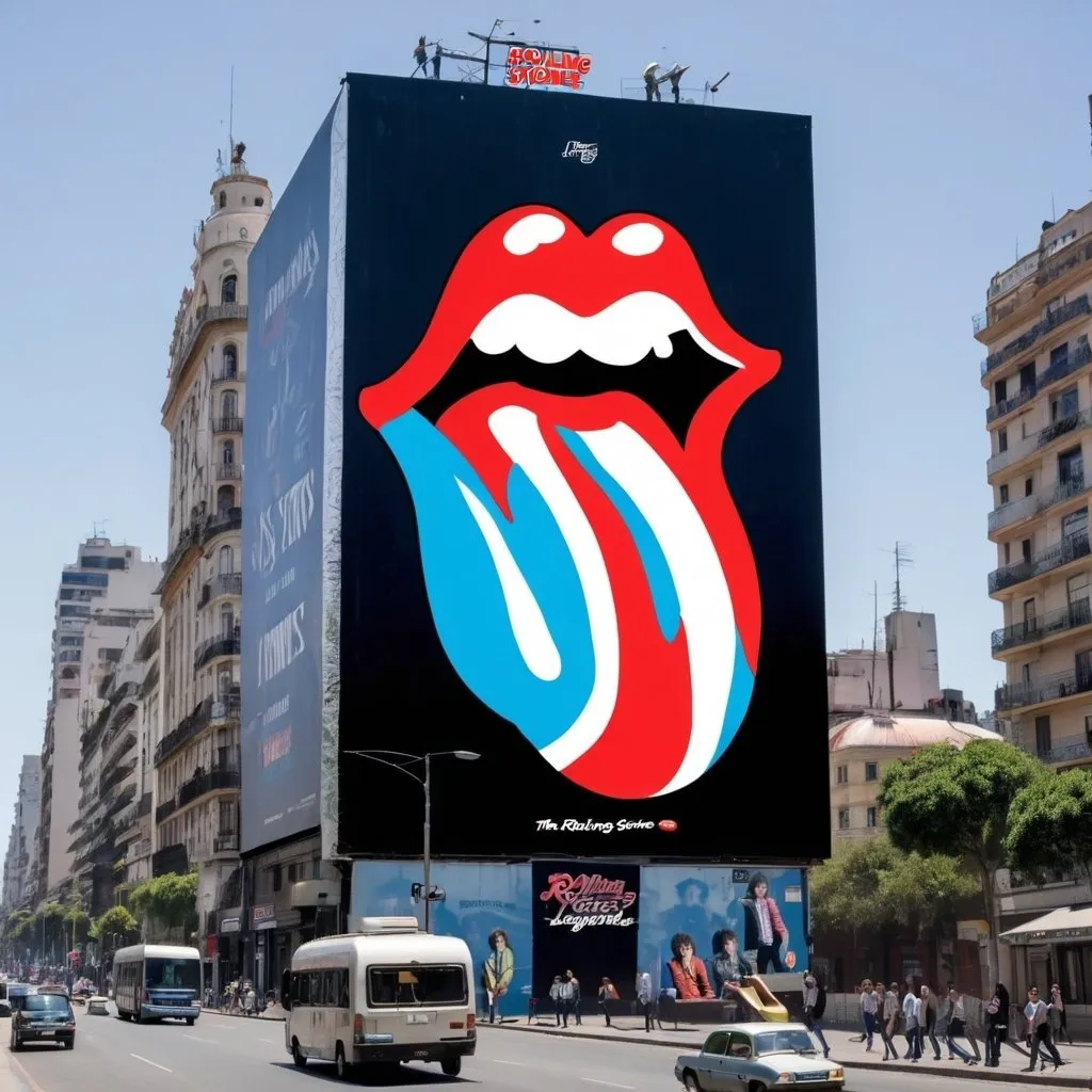 Prompt: a giant billboard placed on buenos aires downtown with the legend "THE ROLLING STONES IN ARGENTINA" ON IT.