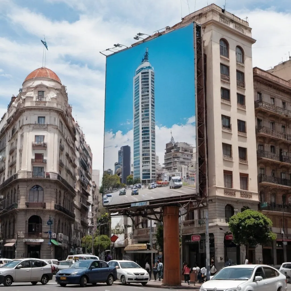 Prompt: a billboard in the middle of Buenos Aires downtown 