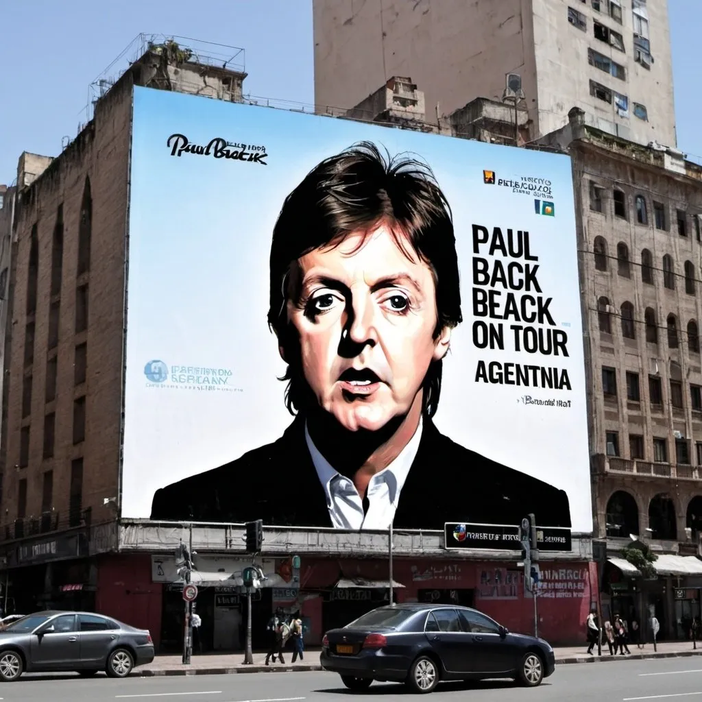 Prompt: a giant billboard placed on buenos aires downtown with the legend "PAUL MCCARTNEY 
GET BACK ON TOUR 
ARGENTINA" ON IT.