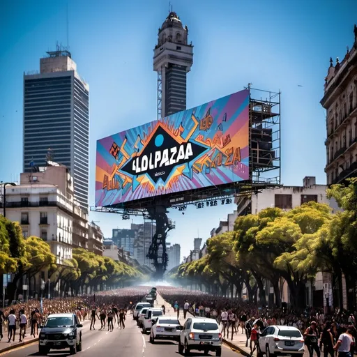 Prompt: a giant billboard placed on buenos aires downtown with the legend "LOLLAPALOOZA ARGENTINA 2025"
