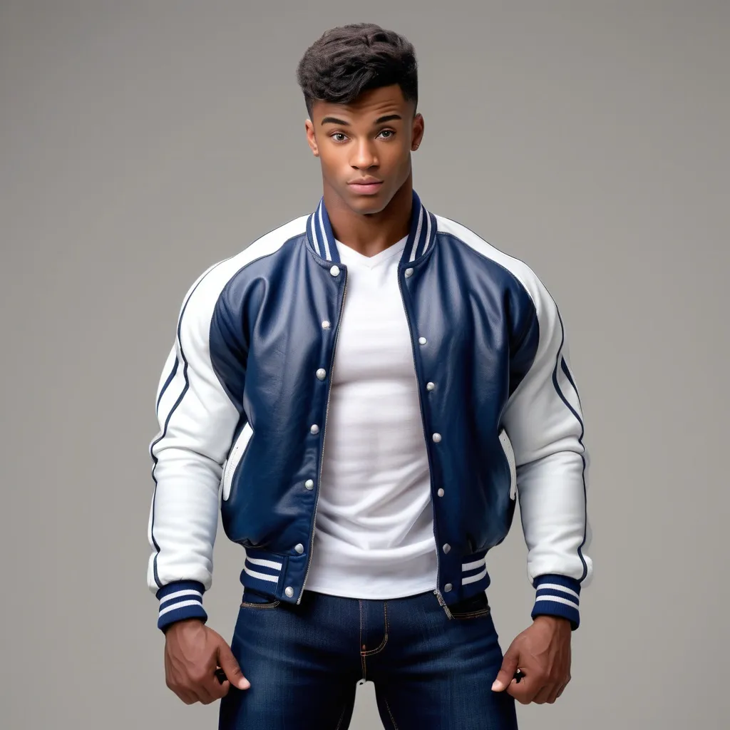 Prompt: photo of 23 year old beautiful black gymnast boy with enormous pectorals , short black hair, wearing dark blue jeans, blue and white baseball jacket, jacket open, showing enormous pectorals, white background, polished, muscle art, realistic, detailed muscles, athletic physique, realistic lighting, professional, polished skin, detailed hair, detailed face, best quality