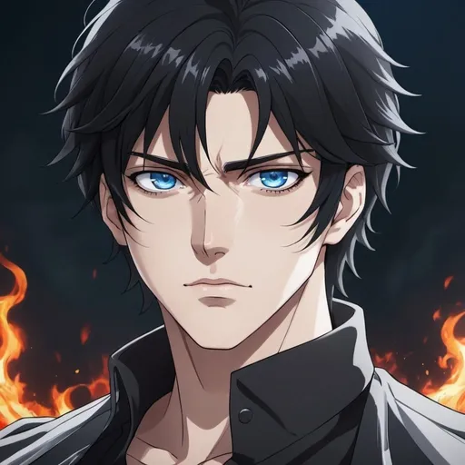 Prompt: A hot anime man with black hair and blue eyes is about to kill you with grace and no blood