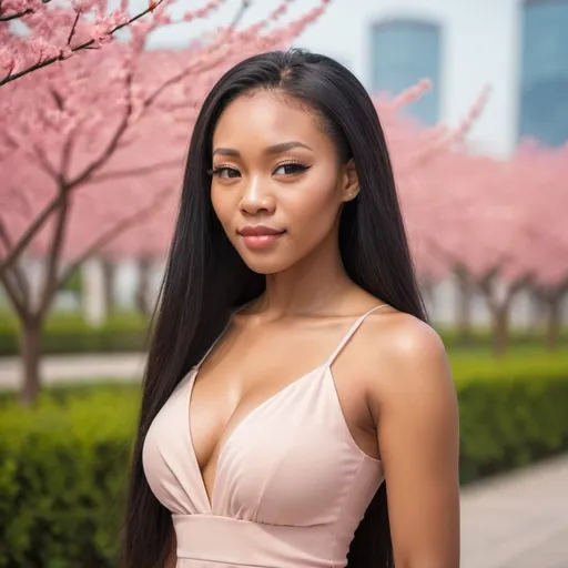 Prompt: Beautiful Chinese black woman with long beautiful blonde hair with baby hairs in a beautiful tight dress and a light beautiful background 