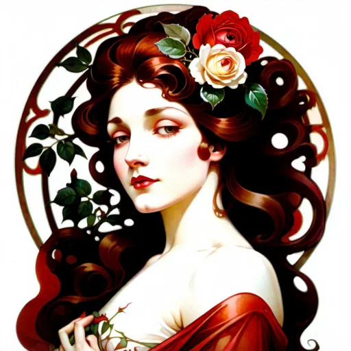Prompt: vintage red rose  lady in four season white background 
