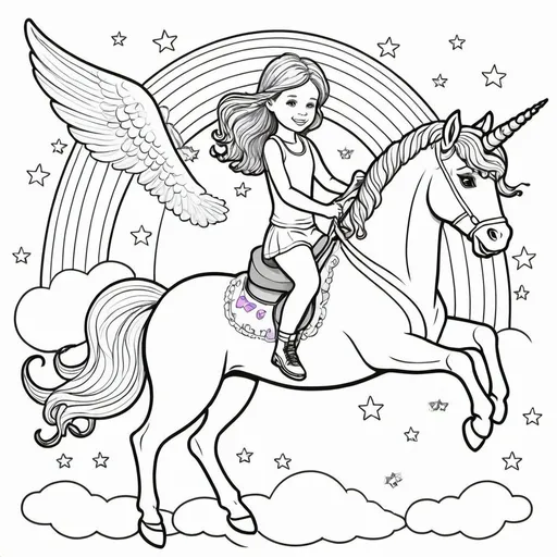 Prompt: create a coloring page for kids to color of a girl riding a unicorn with rainbow wings 
