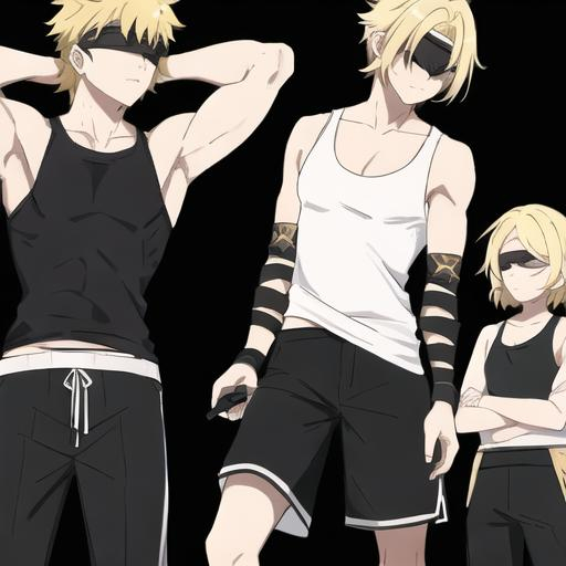 Prompt: one bard blindfolded with a white tank top and black pants with bands on the arms with a black ring on one of the arms and blond hair