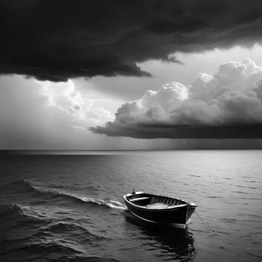 Prompt: a lonely boat in calm seas with stormy weather in the horizon, and in black and white photorealistic 
