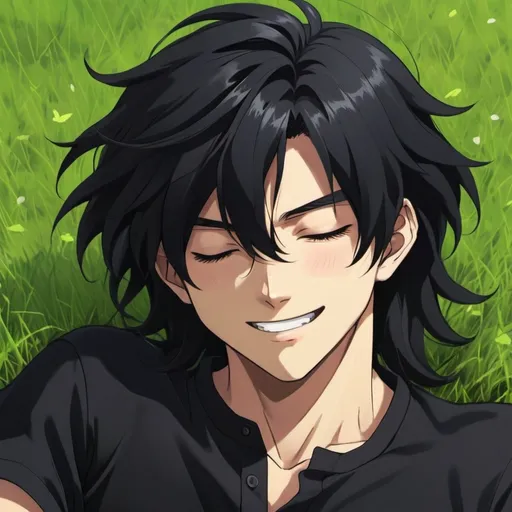 Prompt: black long hair flowy wolfcut to shoulder length, handsome man, just face and shoulders, wearing full black shirt. long black hair, eyes closed joy, anime style, eyes closed, smiling, undetailed, EYES CLOSED, middle of screen laying on grass, age around 15 or 16-17, masculine