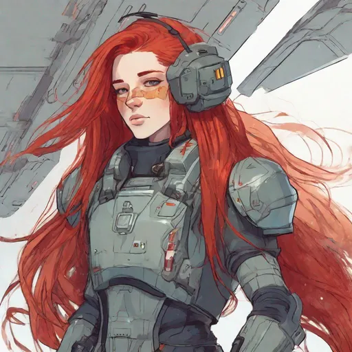 Prompt: long red hair, androgynous, pilot, bulky space armour,
