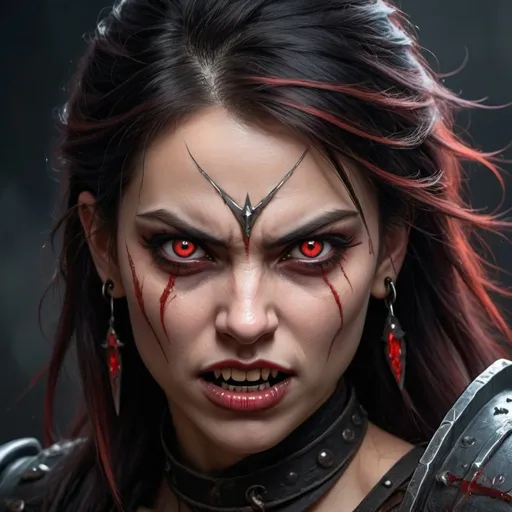 Prompt: A Female Warrior fantasy character with sharp features, piercing red eyes, razor-sharp fangs—intense and intimidating facial expressions, in the style of dark fantasy art.