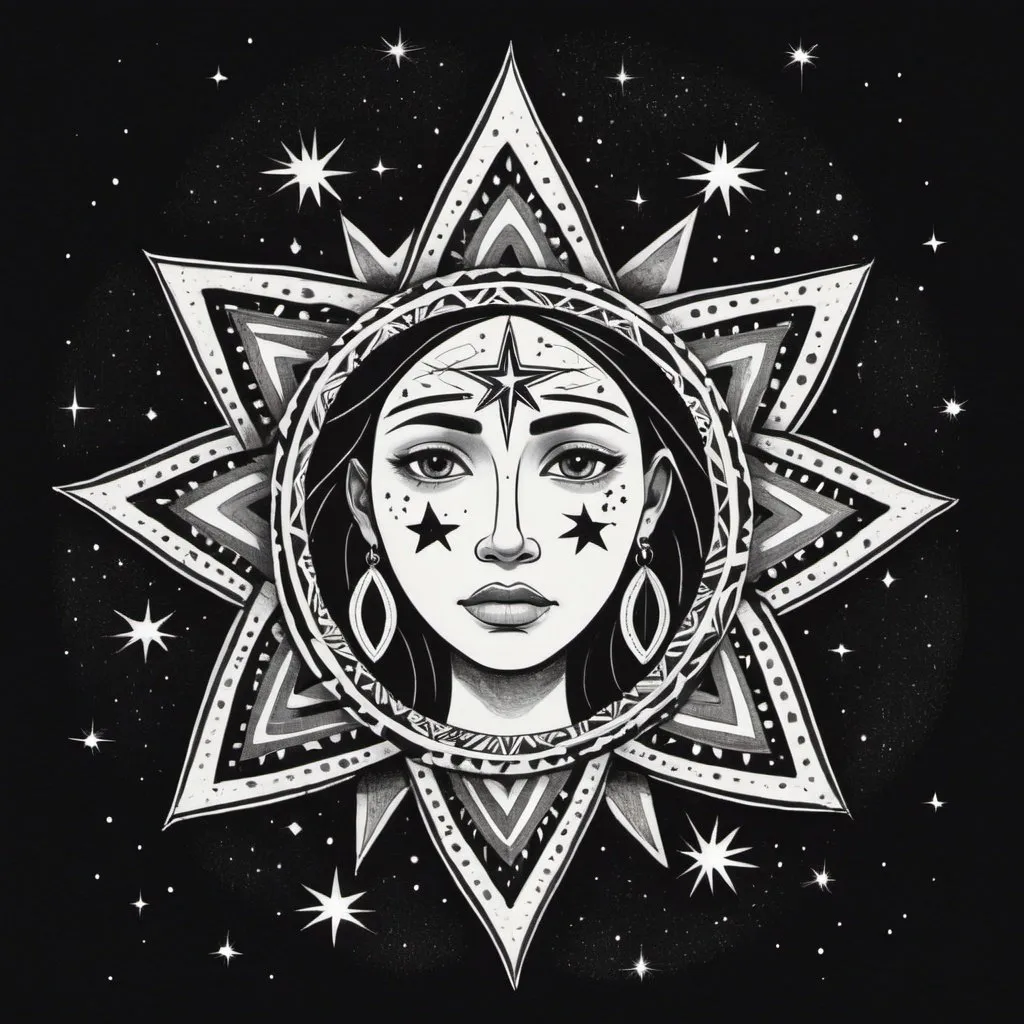 Prompt: simple drawing of just a star with a tribal 
face showing she is nurturing and protective, overseeing the well-being and unity of other stars